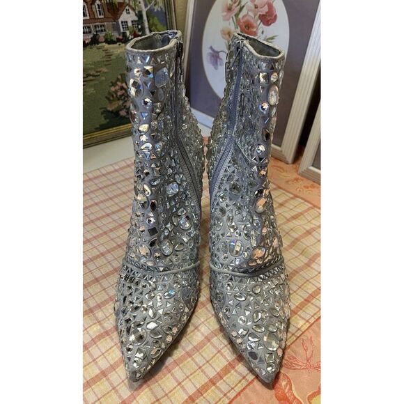 Steve Madden Stiletto Crystalle Rhinestone Silver Ankle Boots Womens 11 Stunning - Picture 2 of 14